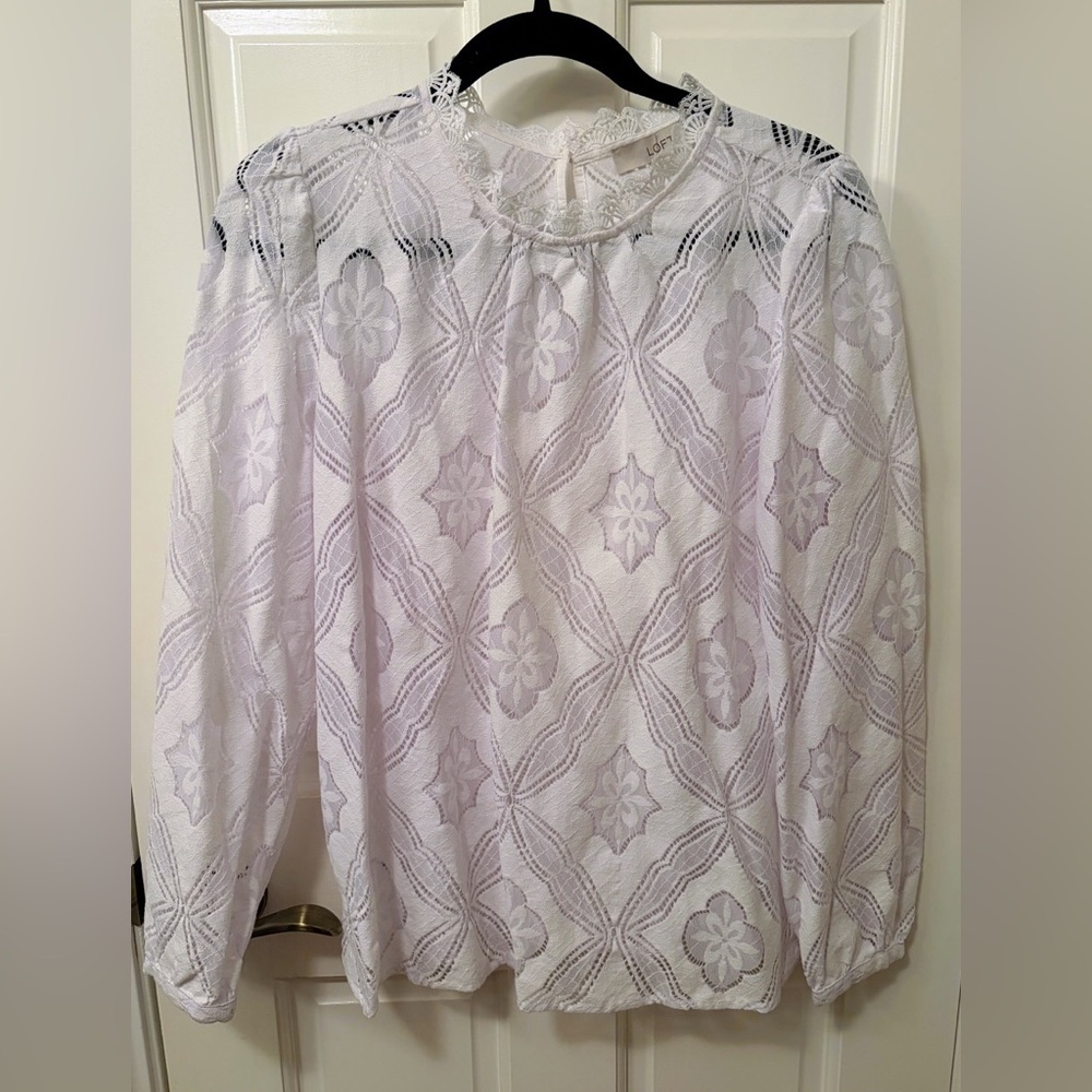 LOFT White Sheer Lace Blouse Size Large New With Tags
